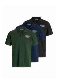 Drei Polo-T-Shirts in dunkelgrün, navyblau und schwarz, mit kurzen Ärmeln, klassischem Kragen und gesticktem Logo auf der Brust.
