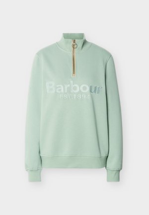 Hele rohelise värvusega poollukuga pullover, millel on soonikuga krae, mansetid ja ääred ning rinnal tikitud "Barbour EST.1894".
