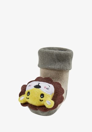 Beige and gray baby sock with folded cuff, featuring a soft, plush lion face with yellow, brown, and white details on the front.
