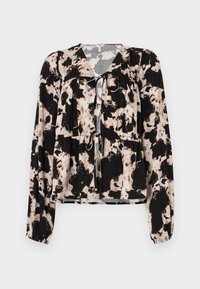 Schwarz-beige gemusterte Bluse mit langen Ärmeln, Kordelzug in der Taille und V-Ausschnitt, ausgestattet mit gerafften Akzenten an den Ärmeln.