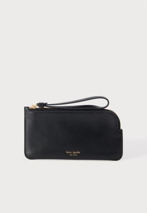 Sort læderhåndledsrem med guldlynlås og rem, med "kate spade new york" logo i guld foran.