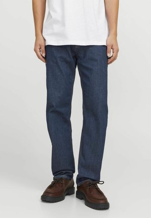 Donkerblauwe jeans met een rechte pasvorm, met contrasterende stiksels, een klassiek vijf-pocket ontwerp en een comfortabele tailleband.