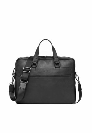 Czarna skórzana teczka z podwójnymi uchwytami, regulowanym paskiem na ramię, przednią kieszenią na suwak i zamknięciem na suwak od góry.
