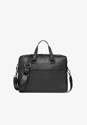 Czarna skórzana teczka z podwójnymi uchwytami, regulowanym paskiem na ramię, przednią kieszenią na suwak i zamknięciem na suwak od góry.