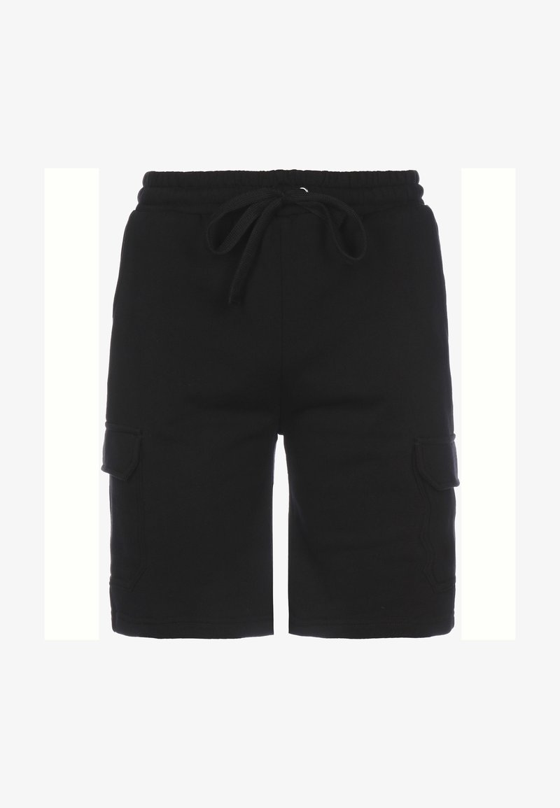Shorts noirs mi-cuisses avec ceinture élastique, cordon de serrage et poches cargo de chaque côté.