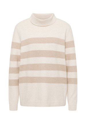 Béžový rolákový svetr s krémovými pruhy, měkká pletená textura, dlouhé rukávy a žebrované lemy na rukávech a límci. Jednoduchý, neformální design.