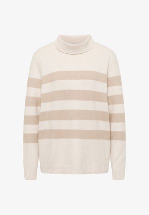 Béžový rolákový svetr s krémovými pruhy, měkká pletená textura, dlouhé rukávy a žebrované lemy na rukávech a límci. Jednoduchý, neformální design.