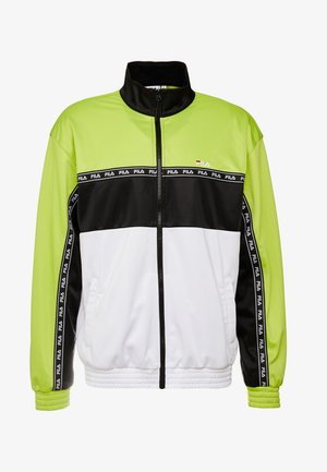 Grüne, schwarze und weiße Zip-Jacke mit hohem Kragen, elastischen Bündchen und Seitentaschen. Verfügt über ein Logo und ein gemustertes Band entlang der Nähte.