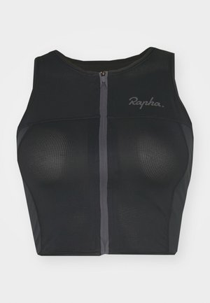 Sort mesh crop top med lynlås foran, der har et tætsiddende design og diskret logo-detalje. Teksturen er glat med en let fornemmelse.