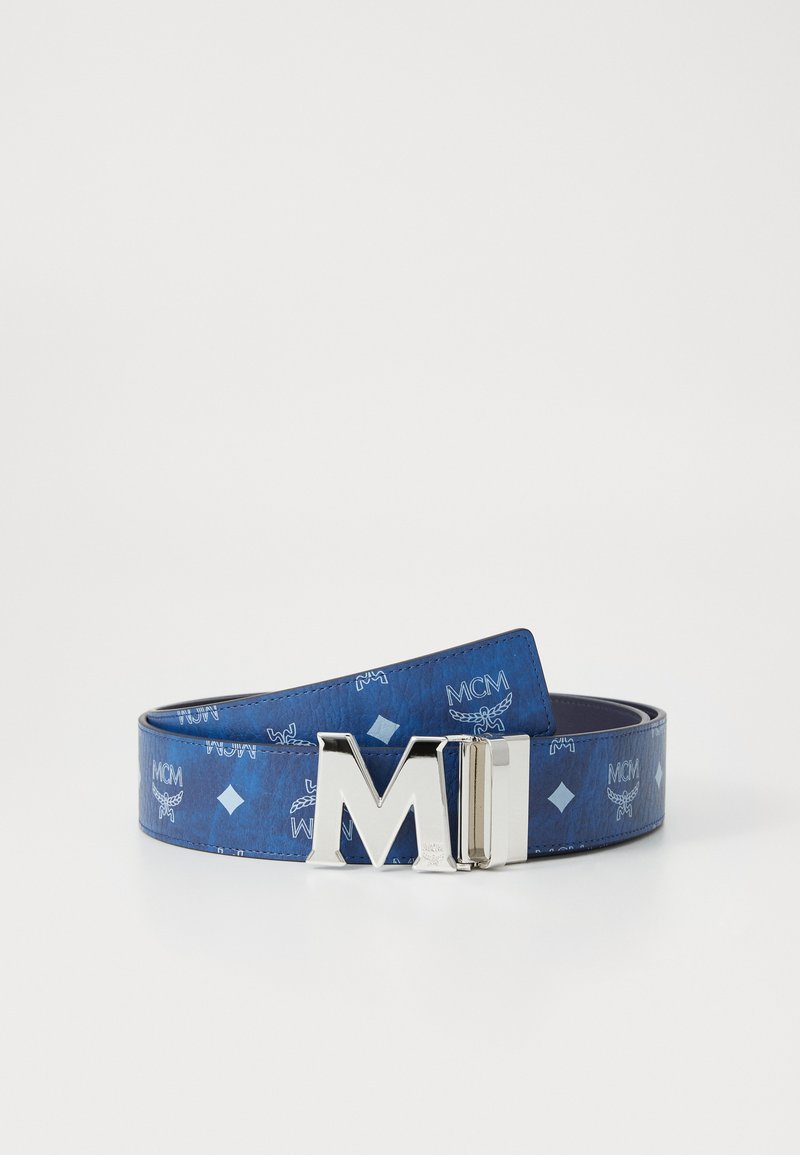 Blue leather belt featuring a glossy finish, embossed pattern, and a silver-tone square buckle with "MI" logo.