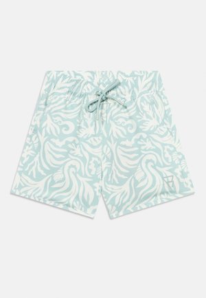 Jasnoniebieskie spodenki kąpielowe z białymi tropikalnymi liśćmi i wzorami koralowymi, elastyczną talią, sznurkiem i bocznymi kieszeniami.