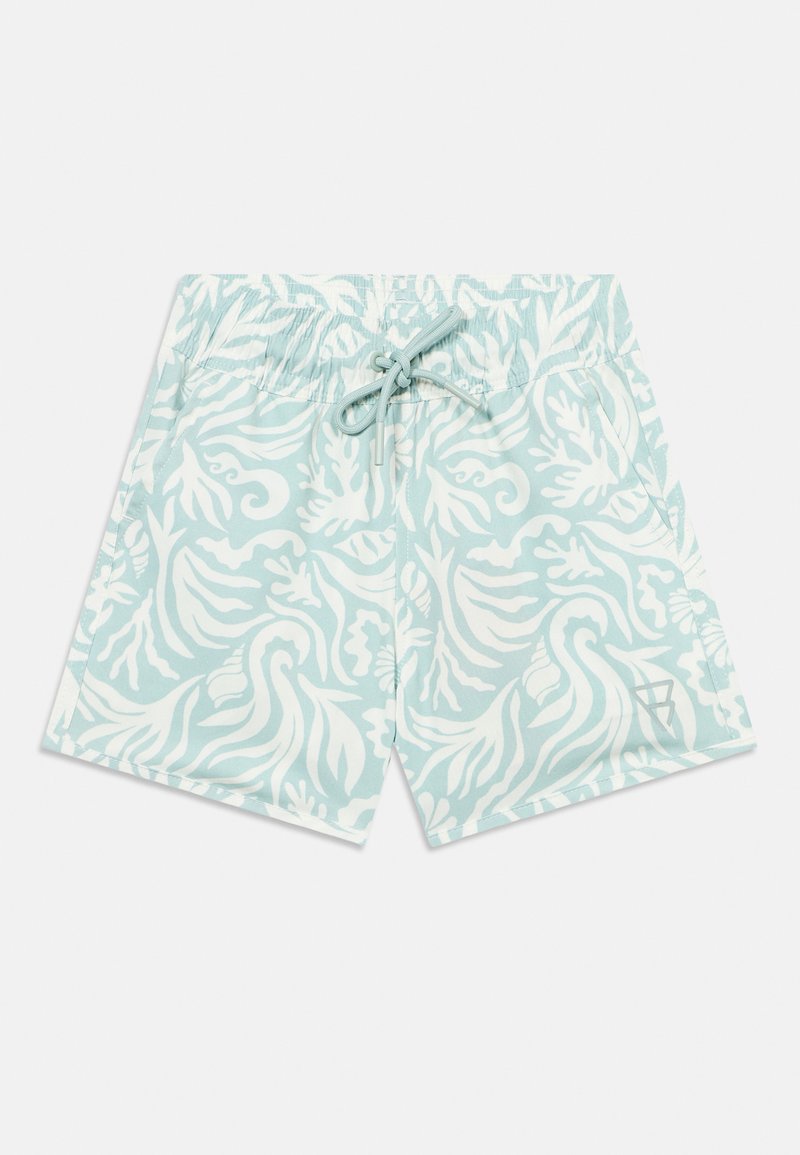 Ανοιχτό μπλε μαγιό σορτς με λευκά τροπικά φύλλα και κοραλλένια μοτίβα, ελαστική μέση, κορδόνι και πλαϊνές τσέπες.
