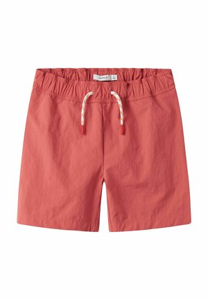 Korallenfarbene Shorts mit elastischem Bund und weißem Kordelzug mit orangen Akzenten, knielang, leichte Stoffqualität, lässiger Stil.
