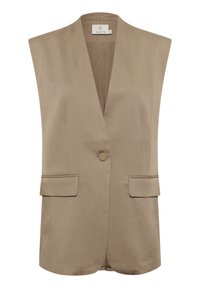 Beige ärmellose Weste mit V-Ausschnitt, einem Druckknopfverschluss, zwei Fronttaschen und glatter, maßgeschneiderter Stoffoberfläche.