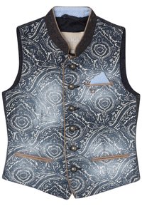 Marinblå väst med en intrikat vit paisleymönster, rund halsringning, fem knappar och en ljusblå fickduk. Strukturerad tygdetaljer.