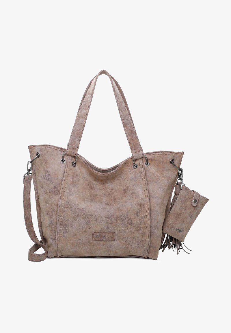 Large beige tote bag made of textured faux leather, featuring dual handles, a detachable strap, and a small matching pouch with fringe details.