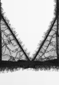 Black lace bralette featuring a triangular design, scalloped edges, floral patterns, and a textured underband.