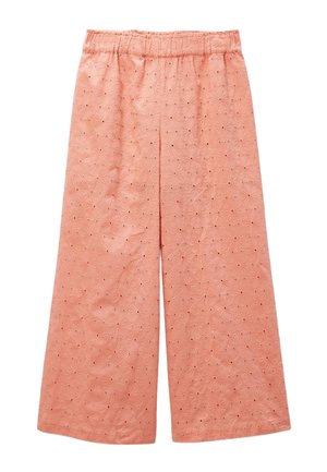 Pantalon rose à jambes larges avec taille élastique et motifs de broderie ajourée florale sur tout le tissu.