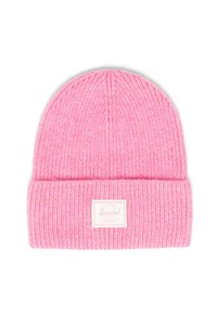 Beanie rosato lavorato a maglia con risvolto, caratterizzato da una patch bianca con il marchio. Texture morbida e design a coste.