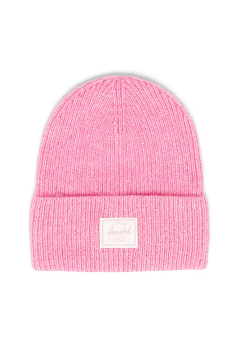 Beanie rosato lavorato a maglia con risvolto, caratterizzato da una patch bianca con il marchio. Texture morbida e design a coste.