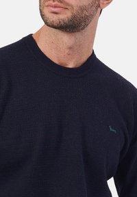 Maglione lavorato a maglia blu navy con colletto a girocollo, caratterizzato da un tessuto testurizzato e un piccolo logo verde sul petto.
