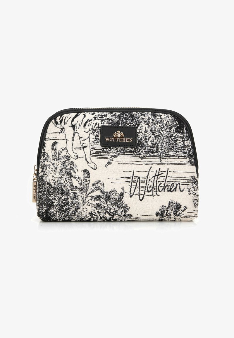 Neceser de maquillaje con estampado toile en blanco y negro, con cierre de cremallera, que presenta un logo de WITTCHEN y ribete de tela negra. Forma rectangular.