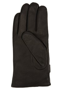 Schwarzer Lederhandschuh mit drei Fingern und einem gebogenen Daumen, ausgestattet mit einer strukturierten Oberfläche und einem Handgelenkbund, entworfen für Wärme und Komfort.
