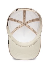 Beige Kappe mit einer weichen Stofffront und einem Mesh-Rückenteil. Sie verfügt über einen gebogenen Schirm, ein Innenetikett und ein praktisches, strukturiertes Design.