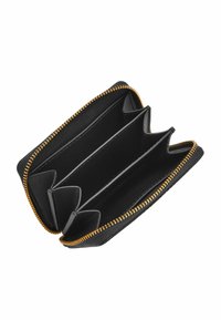 Schwarze Lederbörse mit einem Reißverschluss, die drei geräumige Fächer und goldene Hardware-Akzente entlang des Reißverschlusses aufweist.