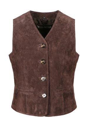 Braune Wildlederweste mit V-Ausschnitt, fünf Knöpfen zum Schließen und zwei seitlichen Taschen. Glatte Textur und eine figurbetonte Silhouette. Größe Medium.