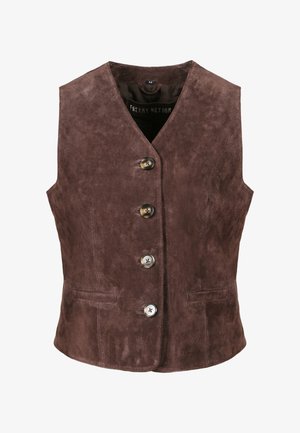 Braune Wildlederweste mit V-Ausschnitt, fünf Knöpfen zum Schließen und zwei seitlichen Taschen. Glatte Textur und eine figurbetonte Silhouette. Größe Medium.