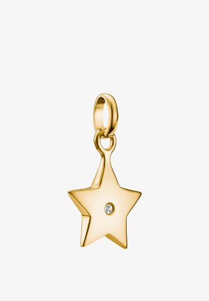 Pendentif en forme d'étoile en or avec une surface polie, une boucle suspendue et une pierre précieuse centrale transparente. Forme élégante et lisse sans motifs.