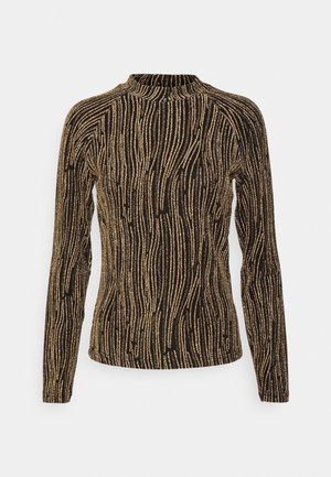 Top negro de manga larga con cuello alto, que presenta un patrón de olas doradas y un acabado texturizado. Diseño ajustado con detalles acanalados.