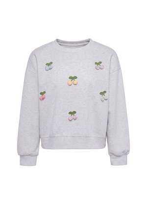 Lysgrå sweatshirt med pastelfarvede broderede kirsebær i pink, blå, gul og lilla spredt ud over forsiden. Ingen synlige personer.