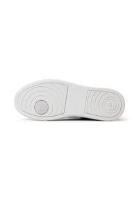 Suola di sneaker bianca con motivi circolari, presa texturizzata e bordi lisci, con un dettaglio del logo posizionato centralmente sul tallone.