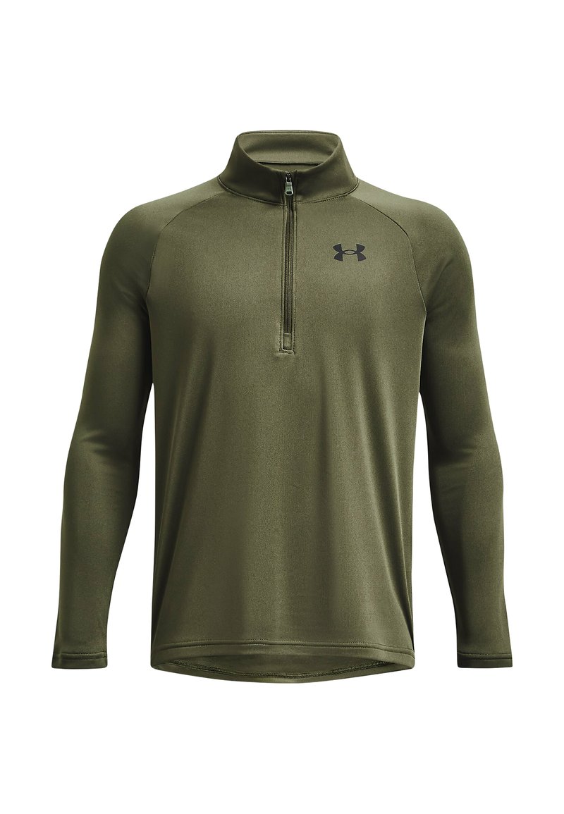 Maglia a maniche lunghe olive verde con mezza zip realizzata in tessuto liscio e leggero, con logo nero sul petto e cuciture a contrasto.