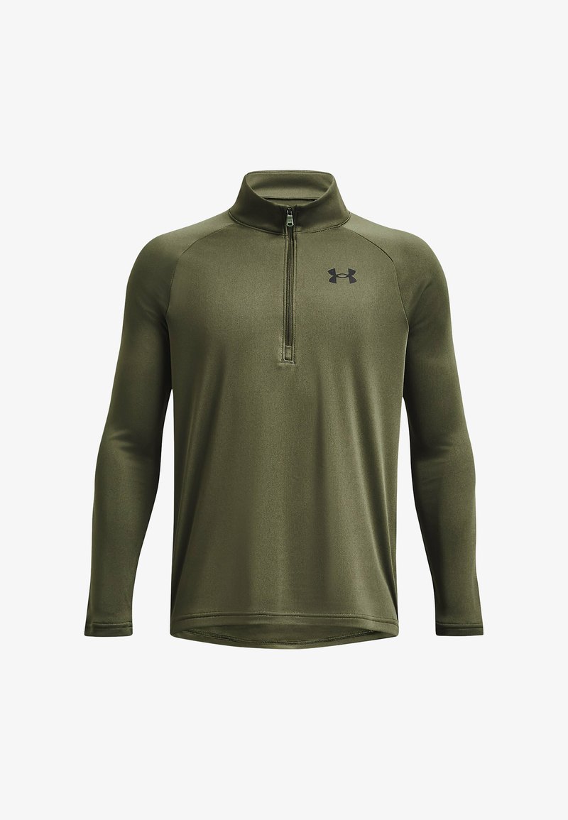 Olivengrünes Langarm-Half-Zip-Oberteil aus glattem, leichtem Material mit schwarzem Logo auf der Brust und kontrastierenden Nähten.