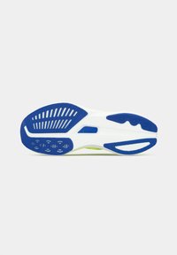 White running shoe sole featuring a blue rubber outsole with textured tread and ventilation patterns, designed for traction and comfort.