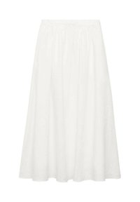 Jupe blanche mi-longue en forme de A fabriquée en coton léger. Présente une taille élastique et un design fluide sans motifs ni accent visibles.