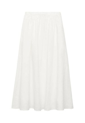 White, mid-length A-line skirt made from lightweight cotton. Features an elastic waist and a flowing design with no visible patterns or accents.