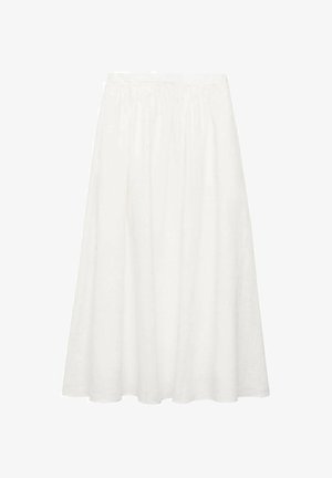 Gonna A-line bianca di lunghezza media realizzata in cotone leggero. Presenta una vita elastica e un design fluido senza motivi o dettagli visibili.