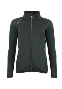 Mörkgrön softshell-jacka med hög krage, dragkedja fram och kontrasterande kopparfärgad hårdvara. Har sidopaneler i mesh och dekorativ sömnad.