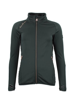 Veste softshell vert foncé avec un col haut, une fermeture éclair à l'avant, et des éléments en cuivre contrastés. Comprend des panneaux en mesh sur les côtés et des coutures décoratives.