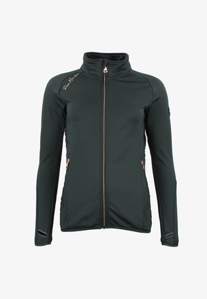 Mørkegrøn softshell-jakke med høj krave, lynlås foran og kontrasterende kobberdetaljer. Har sidepaneler i mesh og dekorativ syning.