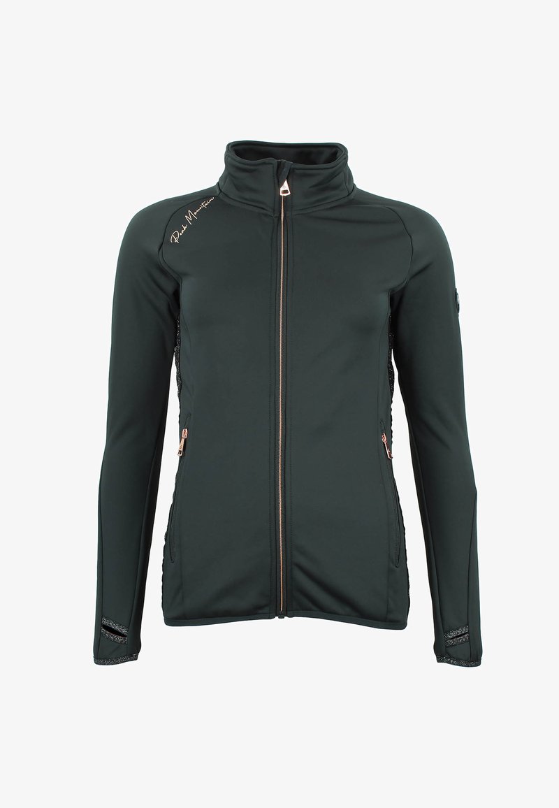 Mörkgrön softshell-jacka med hög krage, dragkedja fram och kontrasterande kopparfärgad hårdvara. Har sidopaneler i mesh och dekorativ sömnad.