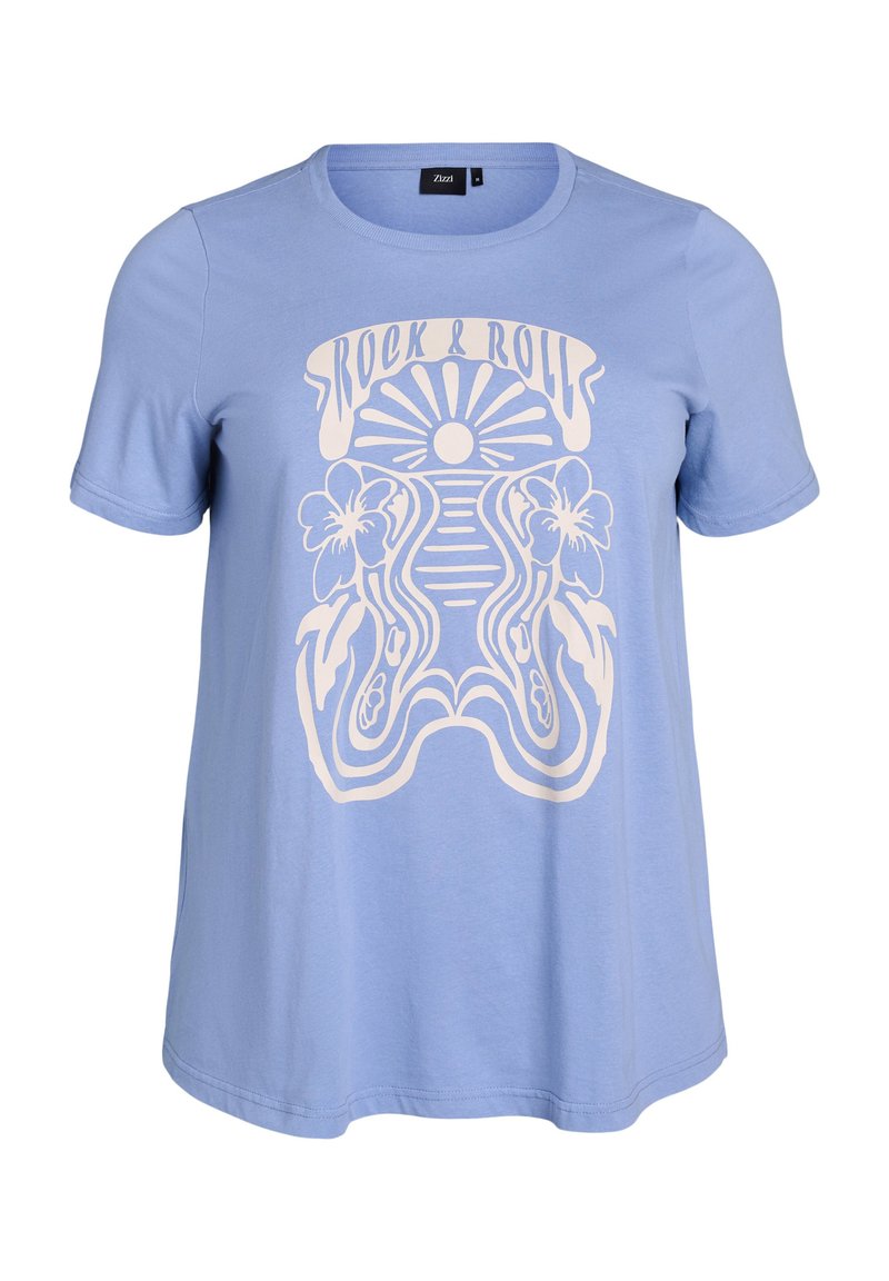 T-shirt bleu clair à manches courtes avec un col rond et un imprimé graphique sur le devant featuring "Rock & Roll" et des motifs floraux en crème.