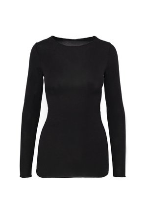 Zwarte lange mouwen top gemaakt van soepel, rekbaar materiaal. Heeft een ronde halslijn en een getailleerd silhouet, geschikt voor lagen.