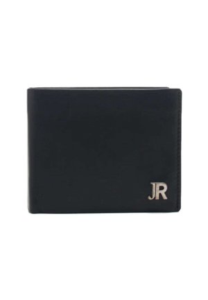 Portafoglio in pelle nera con design a piega, caratterizzato da un logo "JR" argentato nell'angolo in basso, texture liscia e bordi arrotondati.