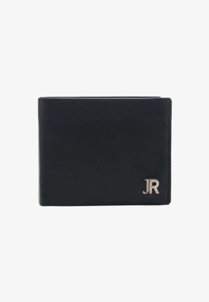 Portafoglio in pelle nera con design a piega, caratterizzato da un logo "JR" argentato nell'angolo in basso, texture liscia e bordi arrotondati.