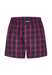 Pánské trenýrky s námořnickou modrou a červenou kostkou, elastickým pasem a předním zapínáním na jeden knoflík.